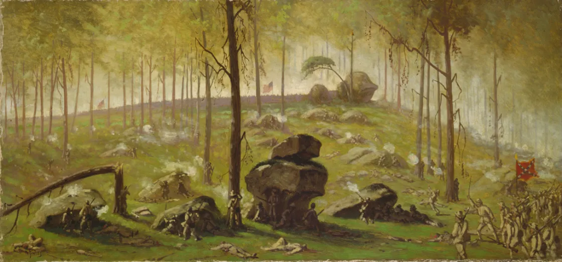 Johnson's Confederates assault Greene's New Yorkers on the evening of July 2, 1863 in this painting by by Edwin Forbes